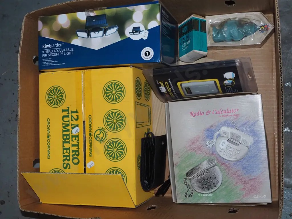 box; glass tumblers, security light, calculator etc Image 1++