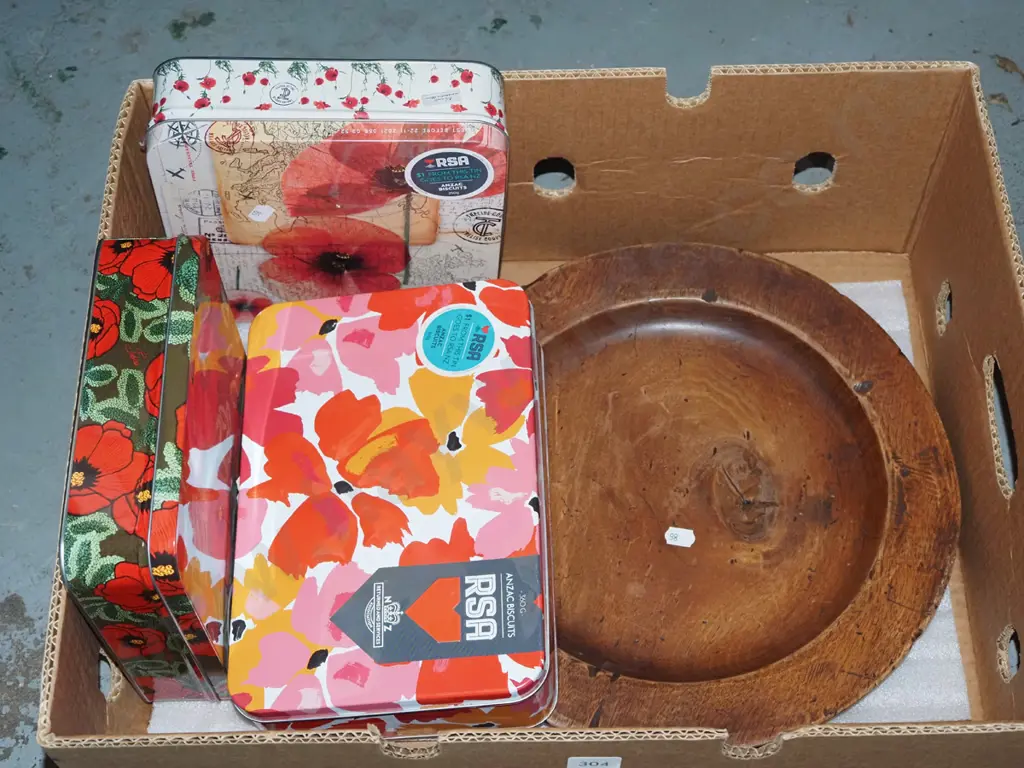 box; turned wooden elm, plate, 3x tins Image 1++