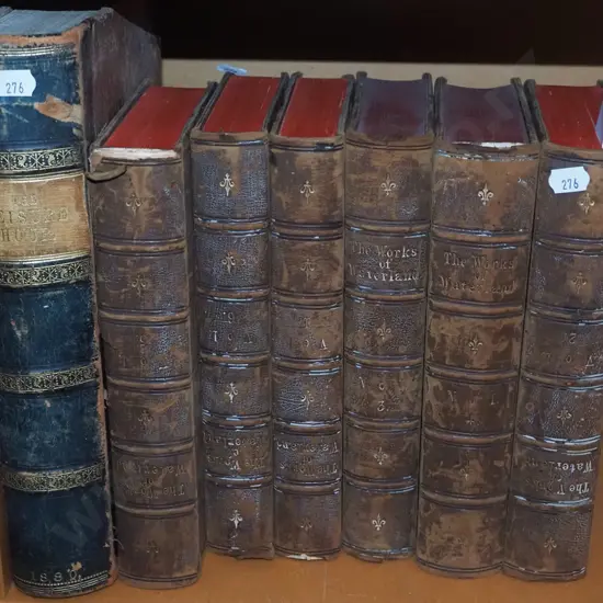 shelf of vintage leather bound books