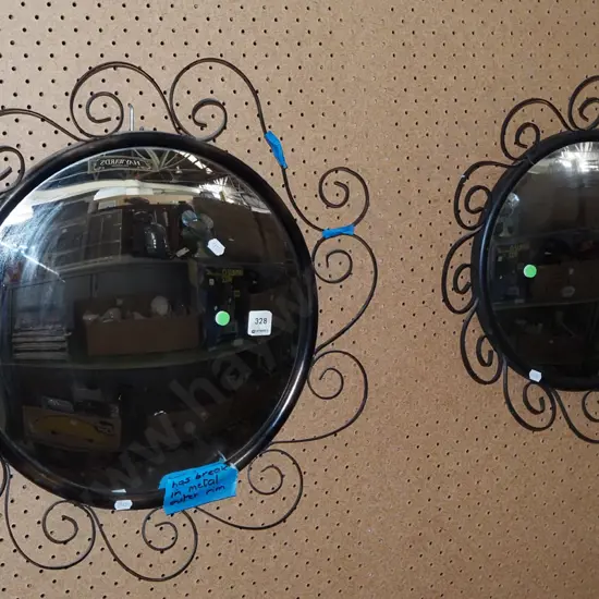 2x mid century wrought metal circular wall mirrors - 1 has damage to fretwork - green dots