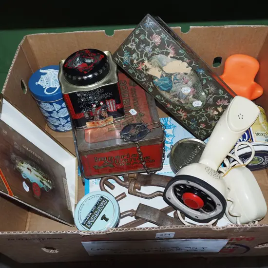 box; vintage tin, lines man telephone etc