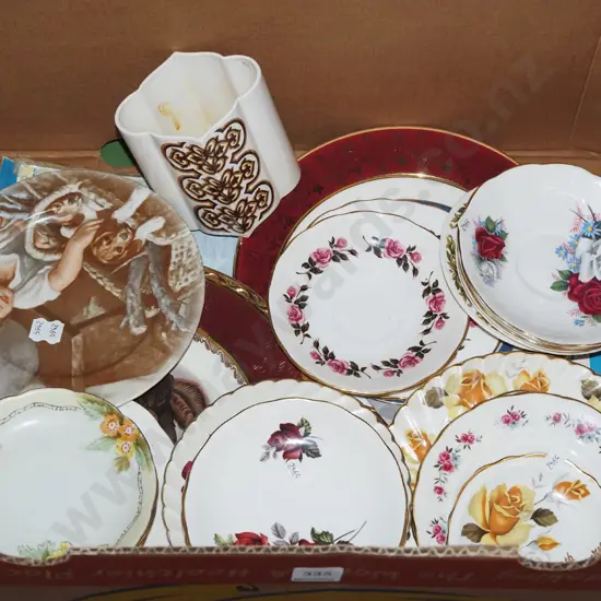 box; vase, assorted plates, saucers