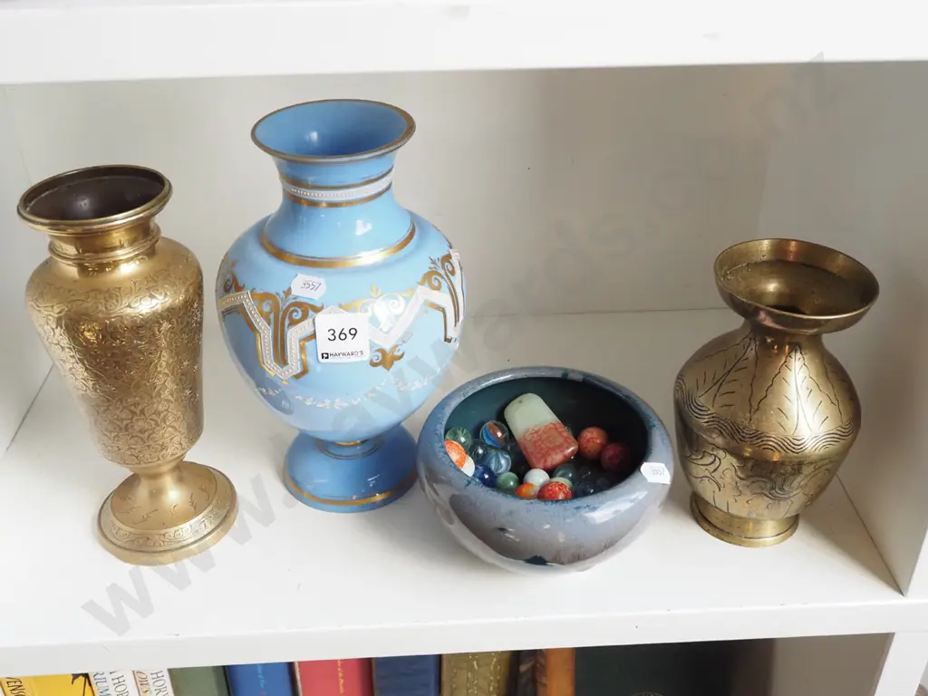 2x brass vases, 1x hand painted glass vase, pottery bowl with various marbles Image 1++