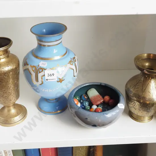 2x brass vases, 1x hand painted glass vase, pottery bowl with various marbles