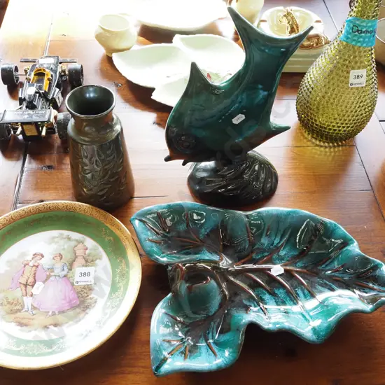 Blue Mountain dolphin, leaf dish, vase, Limoges plate
