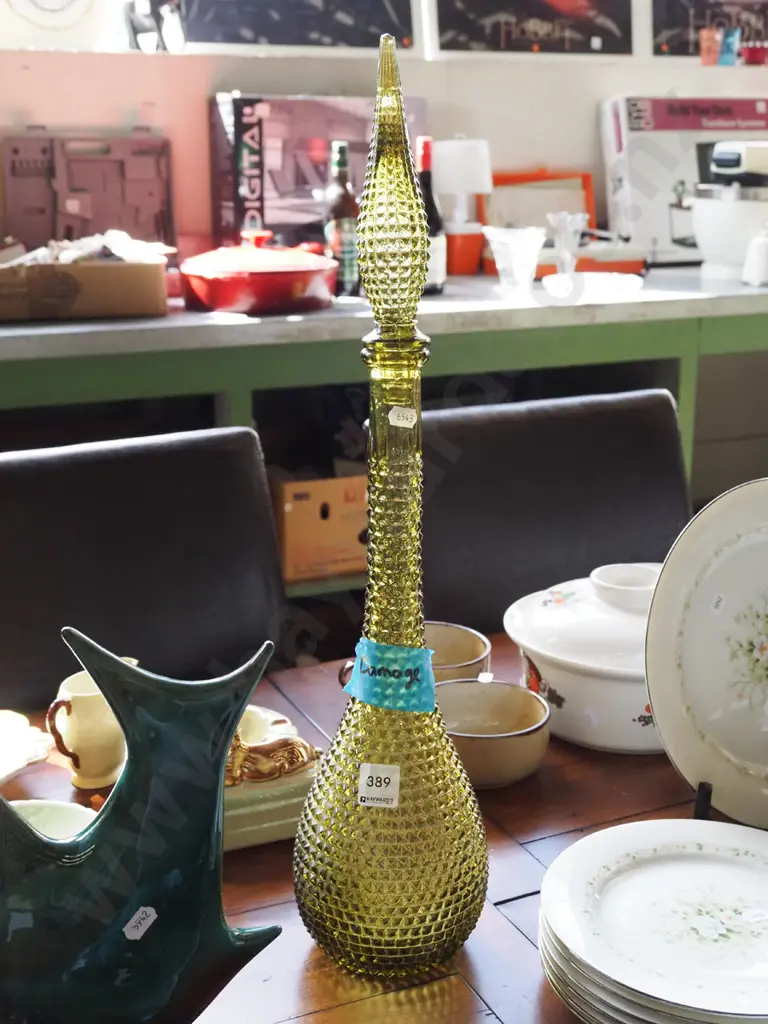 pressed green glass genie bottle - damage, missing nylon to stopper H570 Image 1++