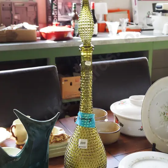 pressed green glass genie bottle - damage, missing nylon to stopper H570