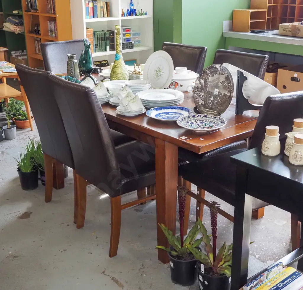 heavy pine dining table with 6 matching brown vinyl high back chairs H755 W1795 D900 Image 1++