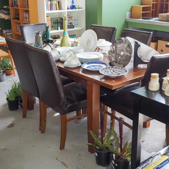 heavy pine dining table with 6 matching brown vinyl high back chairs H755 W1795 D900