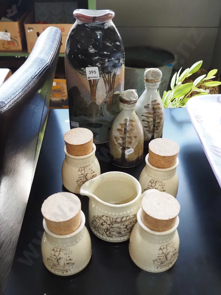 studio pottery bottles, vase, Crown Lynn creamer, 4x storage canisters Image 1++