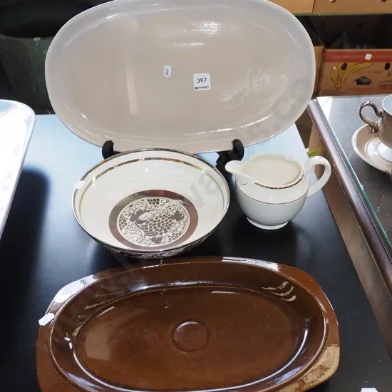 Richmond Pottery ashet, Temuka steak plate, jug, bowl