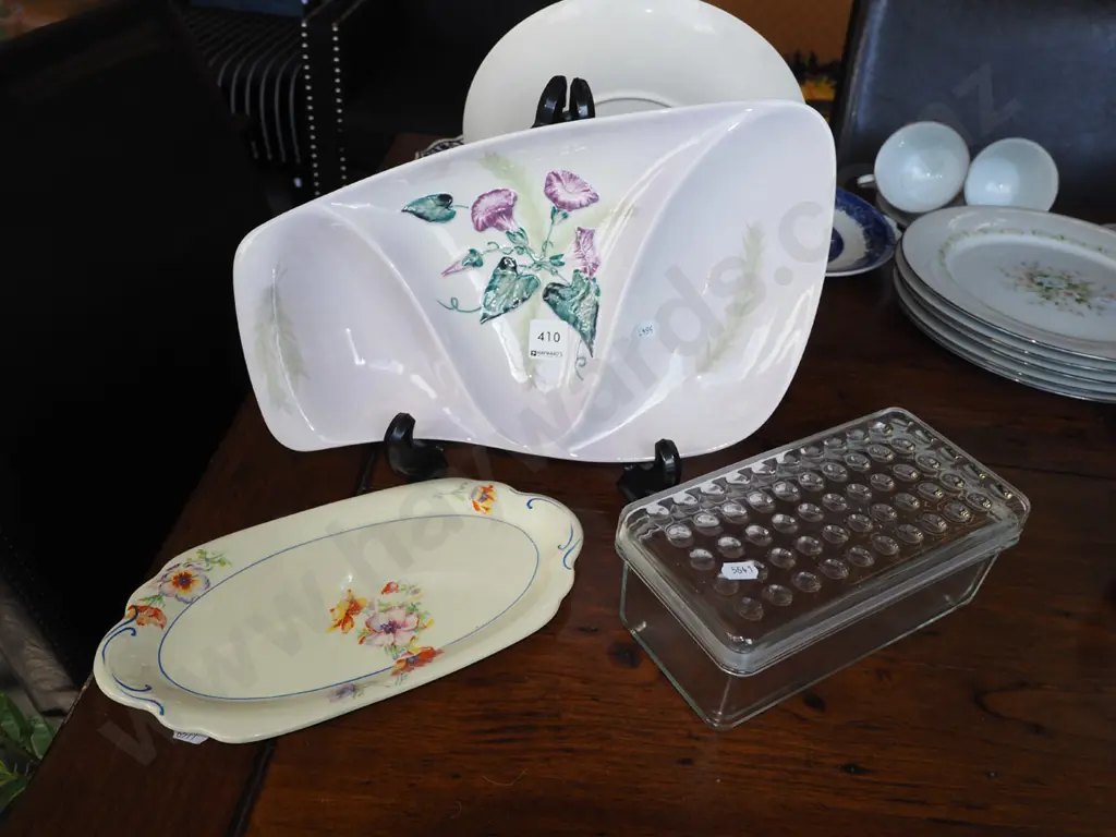 segmented Carlton ware hand painted dish, glass cheese dish, hand painted Meakin plate Image 1++