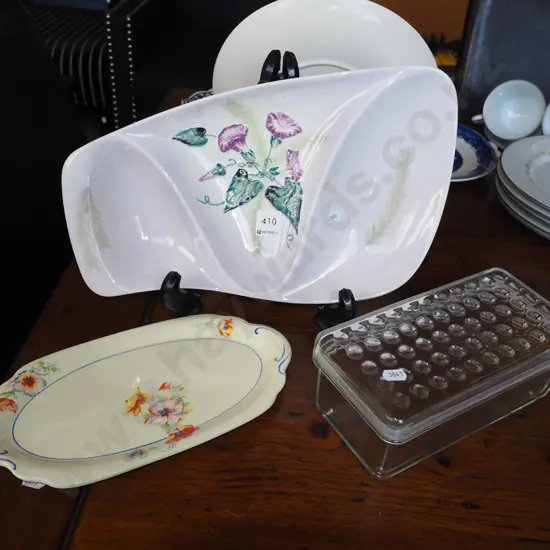 segmented Carlton ware hand painted dish, glass cheese dish, hand painted Meakin plate