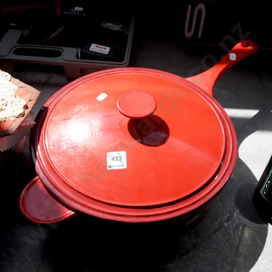 large cast iron and enamel lidded frying pan Diam310