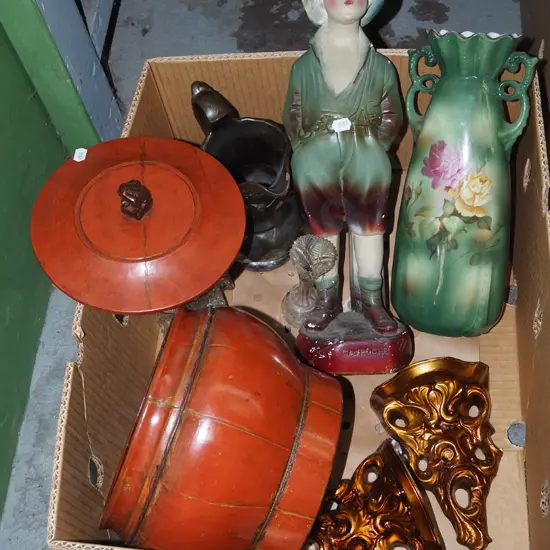 box; whistling boy, vase, Asian lidded canister etc