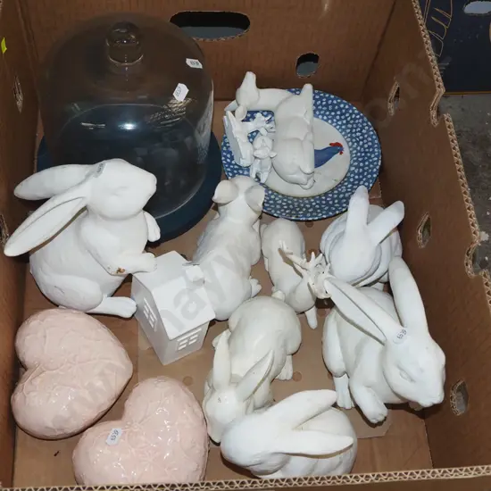 box; glass cover dome, rabbit figurines etc
