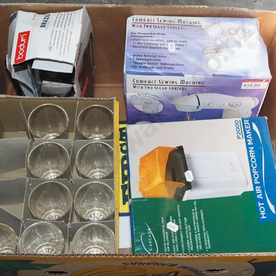 box; popcorn maker, coffee plunger, glass tumblers etc