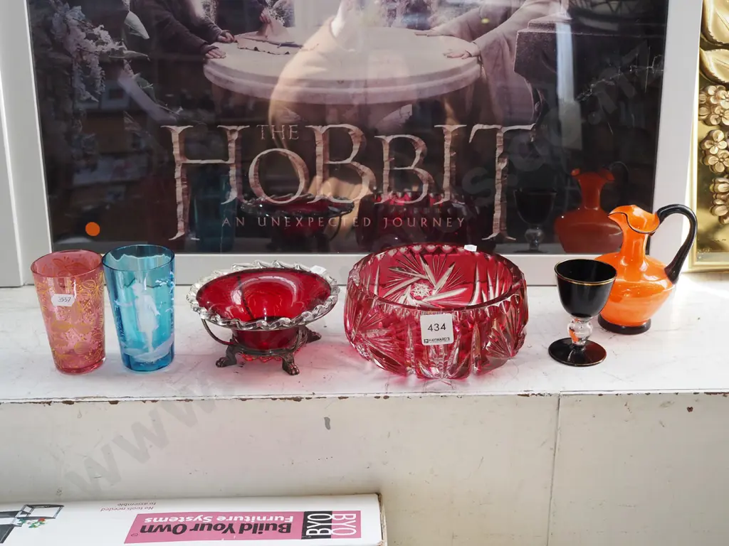 ruby glass bowl, Mary Gregory style tumbler, small orange jug etc Jug H120 Image 1++