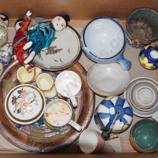 box; coffee cups, dolls, studio pottery plate etc