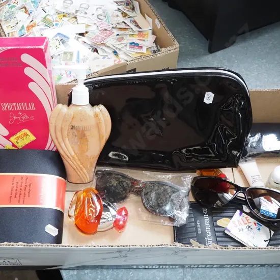 box; Joan Collins perfume, sunglasses, clutch purse etc