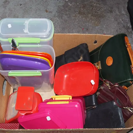 box; scales, plastic containers, handbags