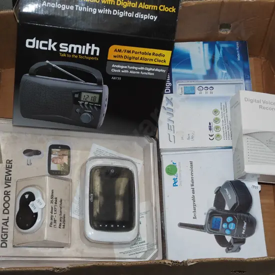 box; dog training collar, digital recorder, Transistor radio etc