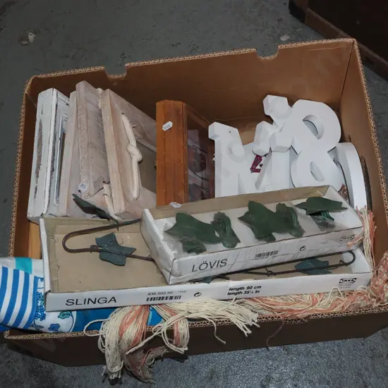 box; wall mounted cut out letters, coat hooks, wall hangings etc