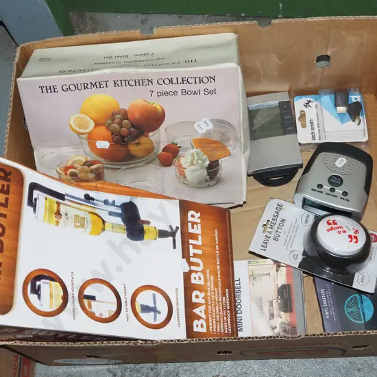 box; glass bowls, bar butler, door bell etc