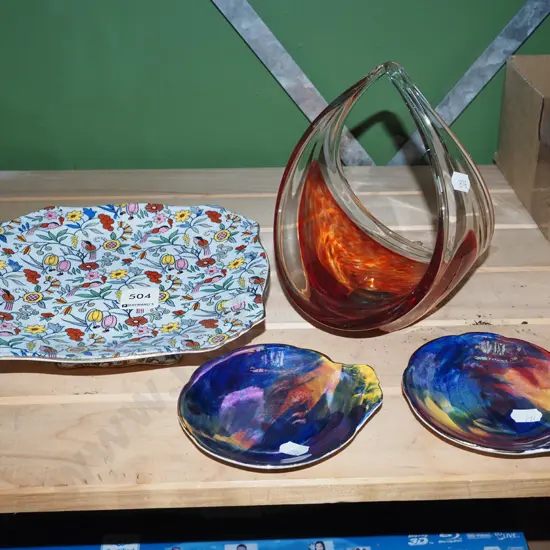 Grimwades footed plate, pin dishes, art glass basket