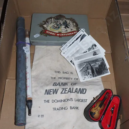 box; money bag, miniature violin, thermometer etc