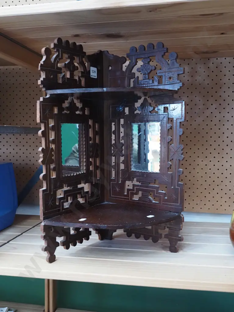 wall mounted wood corner shelf with carved and pierced sides, 2x mirrors H500 Image 1++
