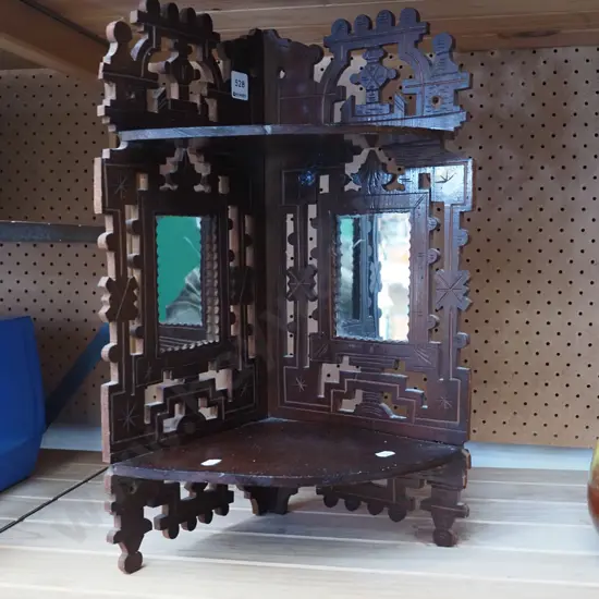 wall mounted wood corner shelf with carved and pierced sides, 2x mirrors H500
