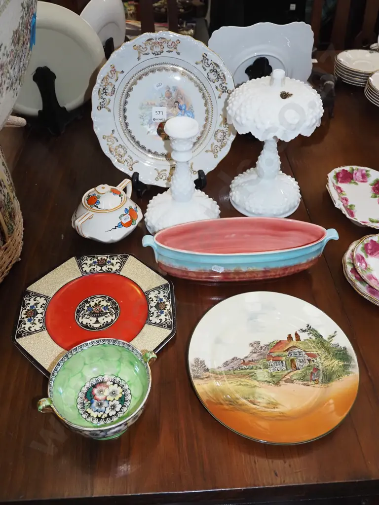 assorted plates, milk glass items, Maling bowl etc Image 1++