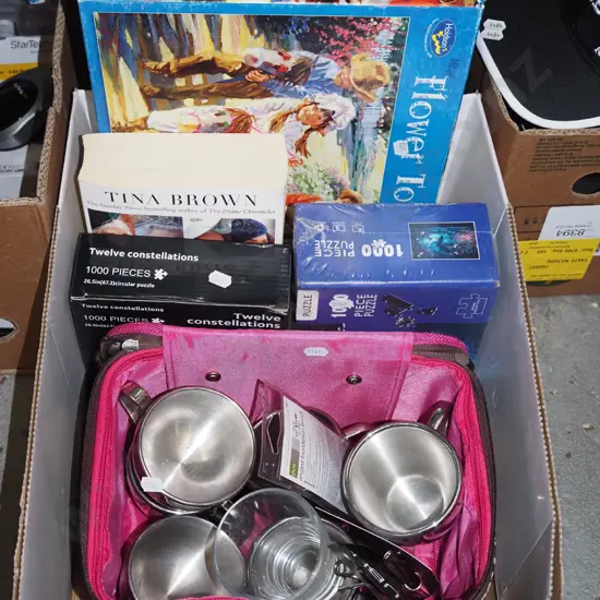 box; coffee cups, puzzles etc