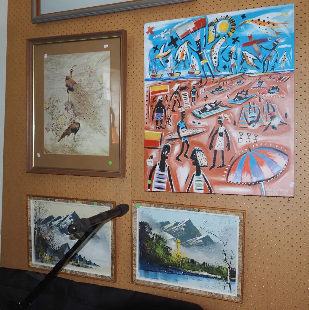 peacock print, acrylic on canvas, 2x oils on board - green dots Image 1++