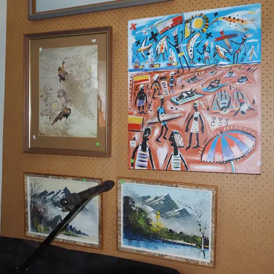 peacock print, acrylic on canvas, 2x oils on board - green dots