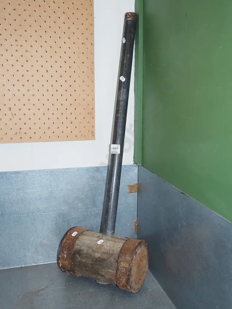 vintage wooden sledge hammer with metal pipe handle Image 1++
