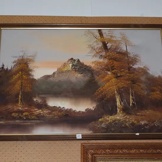 framed oil - lake and mountain scene