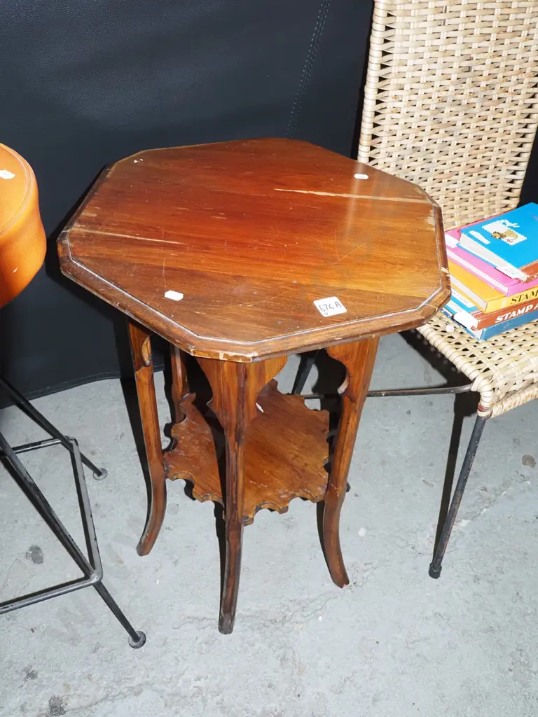 hexagonal mahogany side table or plant stand with lower shelf - wear to finish Image 1++