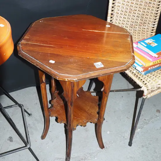 hexagonal mahogany side table or plant stand with lower shelf - wear to finish