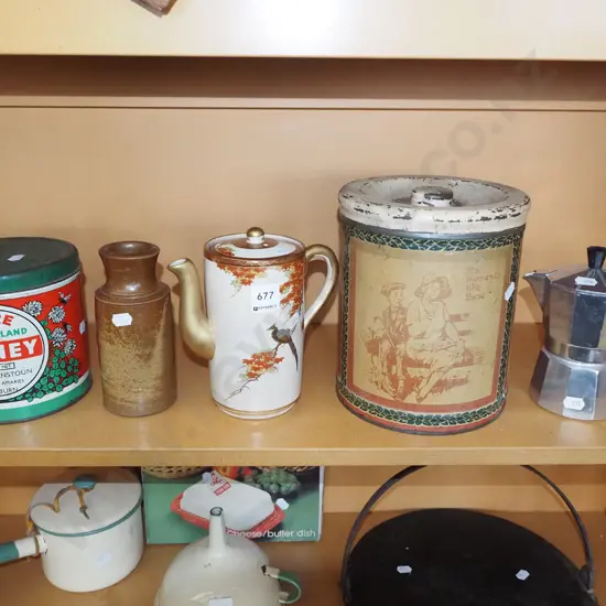 shelf; honey tin, vase, teapot etc