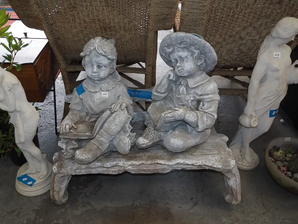 cast concrete figurines - children on bench seat H660 W750 W400 Image 1++