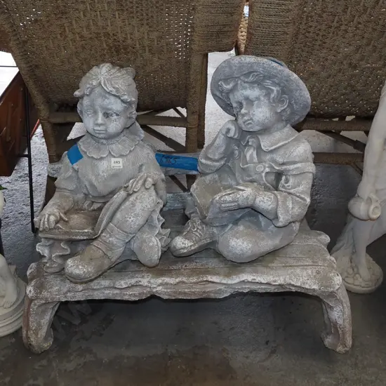 cast concrete figurines - children on bench seat H660 W750 W400