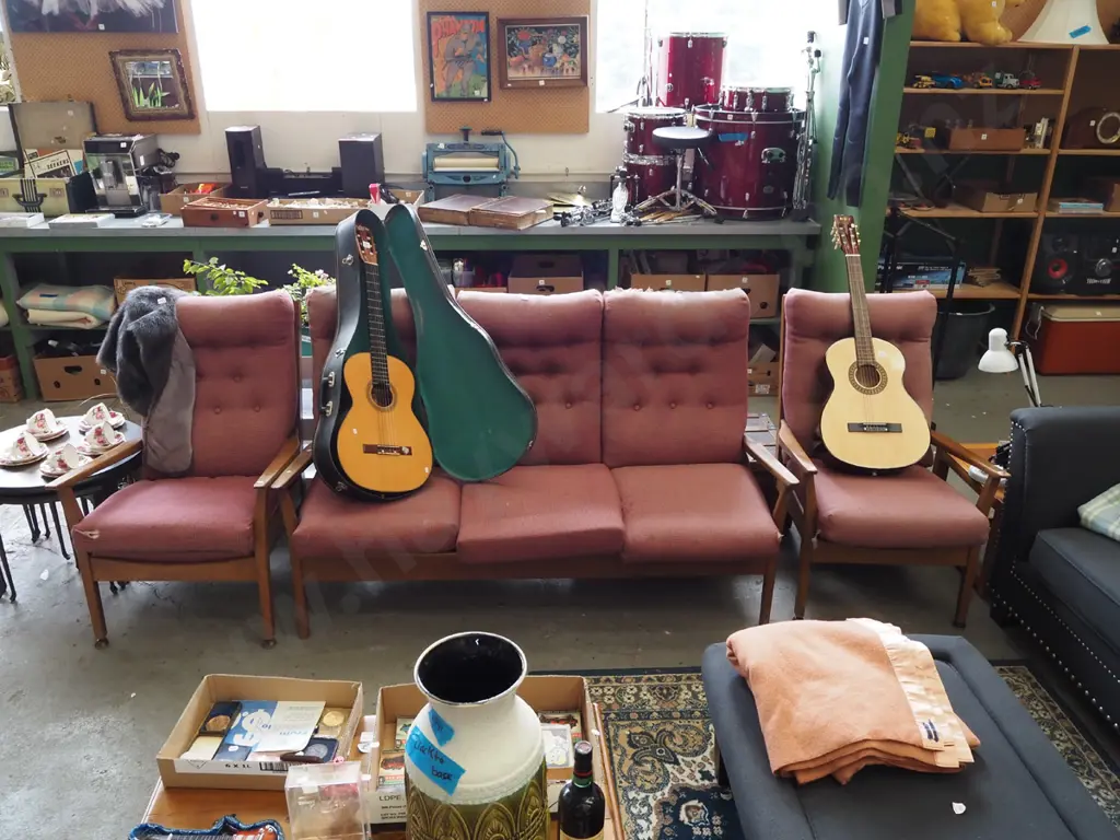 mid century mahogany and deep buttoned 3 piece lounge suite - 3 seater and 2 singles - needs reupholstering Image 1++