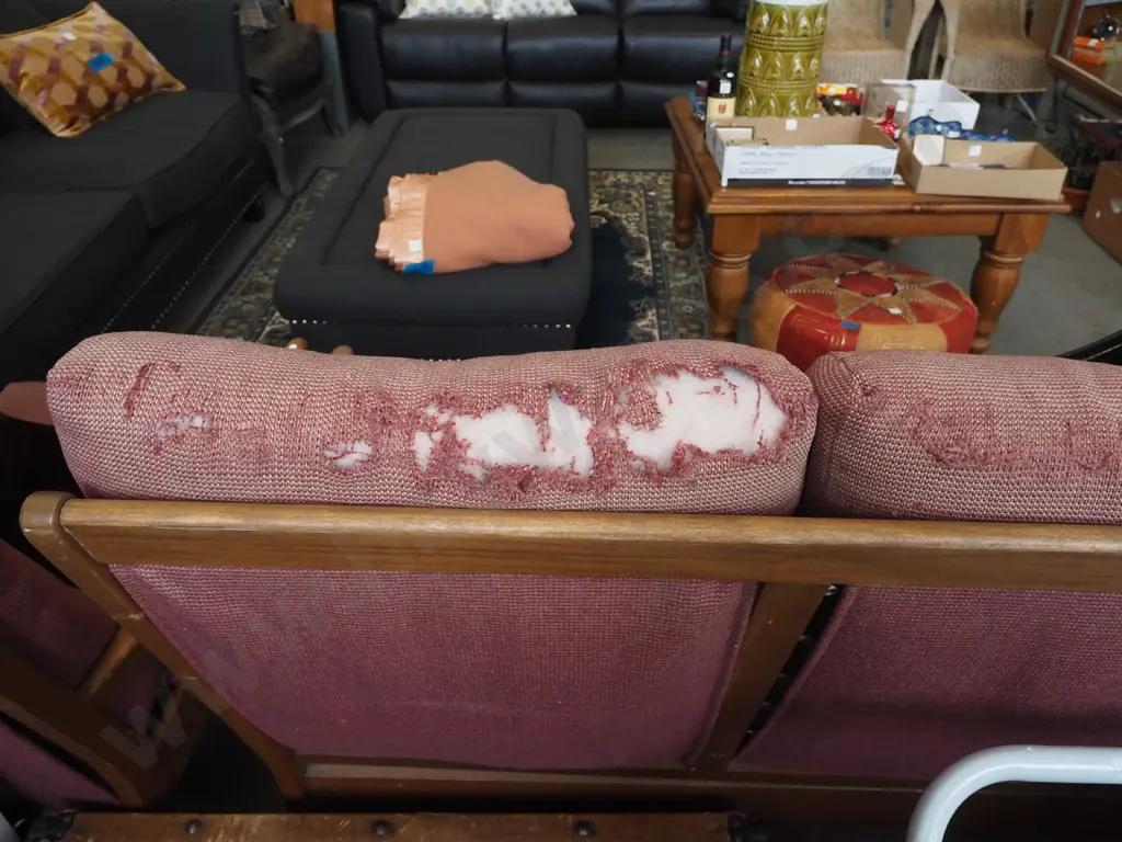 mid century mahogany and deep buttoned 3 piece lounge suite - 3 seater and 2 singles - needs reupholstering Image 1++