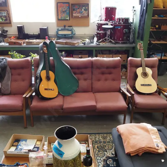 mid century mahogany and deep buttoned 3 piece lounge suite - 3 seater and 2 singles - needs reupholstering