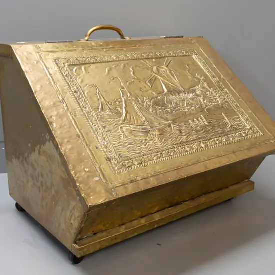 vintage beaten brass over timber windmill and yacht motif coal bin with hinged lid, galvanised liner, brass top handle,
