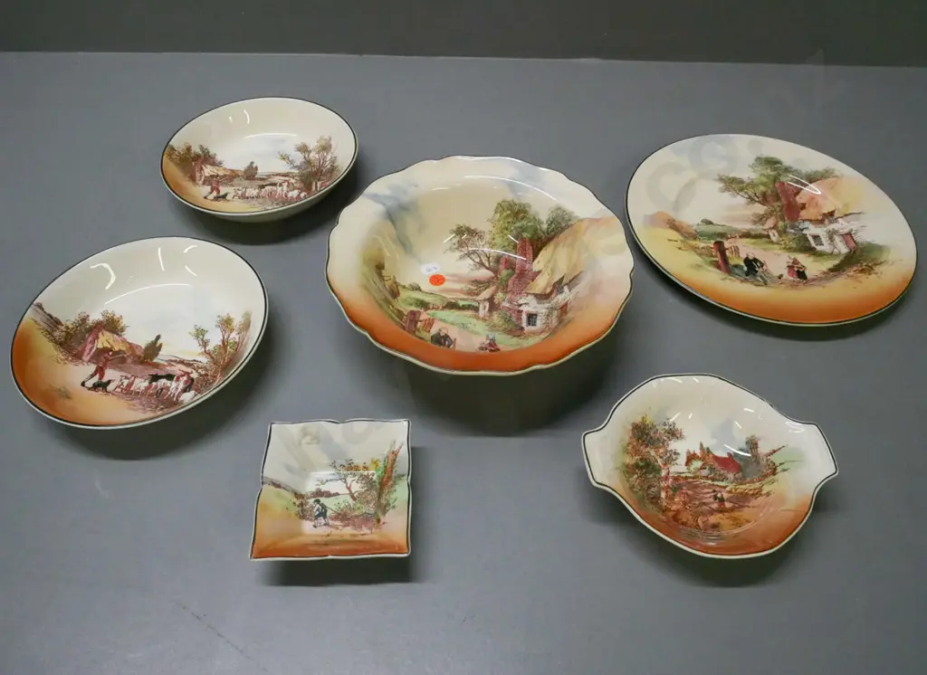 6x Royal Doulton Rustic England: bowl, 2x small plates, large plate, 2x small dishes. Small fleck to rim of bowl. Image 1++
