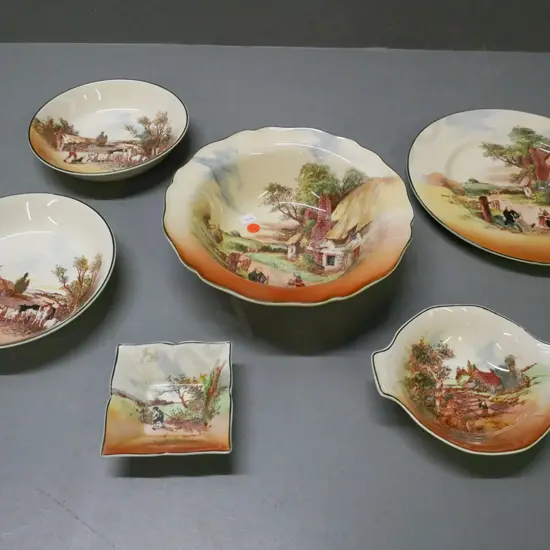6x Royal Doulton Rustic England: bowl, 2x small plates, large plate, 2x small dishes. Small fleck to rim of bowl.