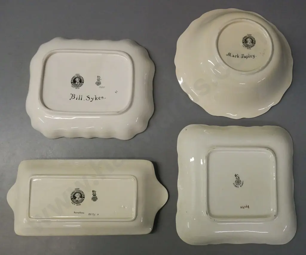 4x Royal Doulton Dickensware: 1x bowl 2x dishes & sandwich tray: Bobbie Burns, Mark Tapley, Bill Sykes. Bill Sykes dish Image 1++